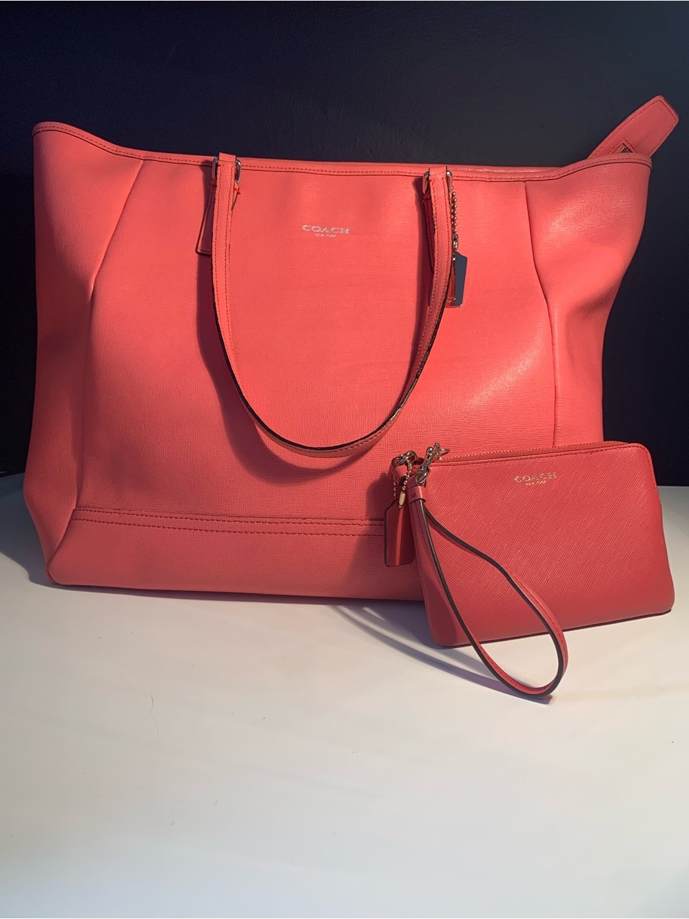 Coach Coral Saffiano Leather Zip Tote with matching Wristlet